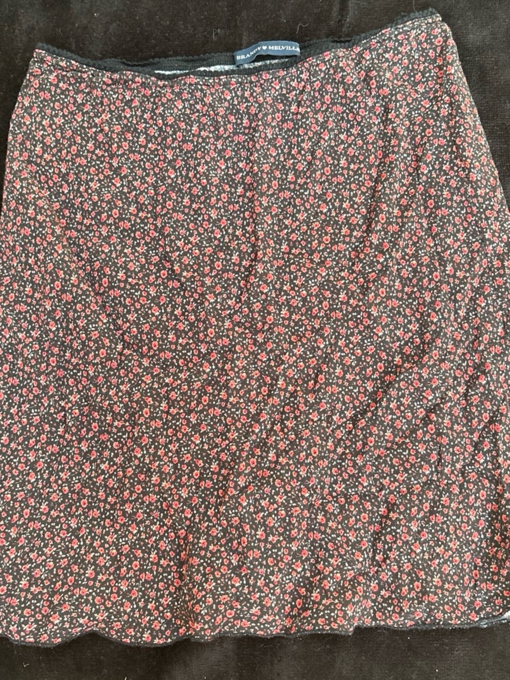 Brandy Melville Black A-Line Mini Skirt with Small Pink Floral Pattern